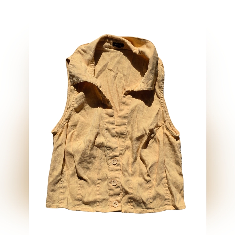 Monrow Button Up Yellow V Neck Crop Top With Collar Linen Blend Size S